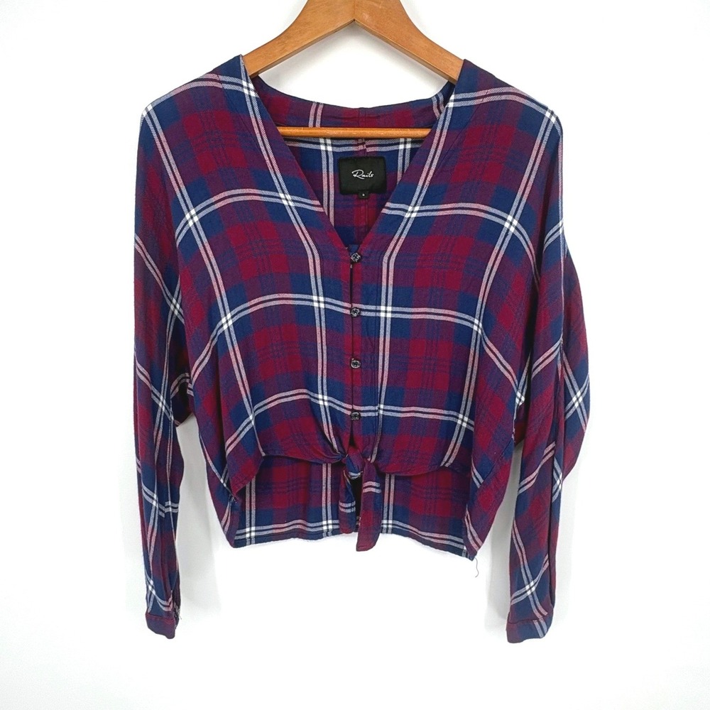 Rails Plaid Sloane Button Down Cropped Tie Top Womens Small Burgundy Navy Blue